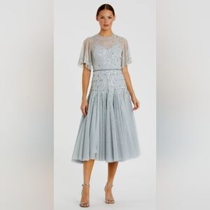 Mac Duggal 93655 Blue Flutter Sleeve Beaded Tea Length Drop Waist Dress  Size 8